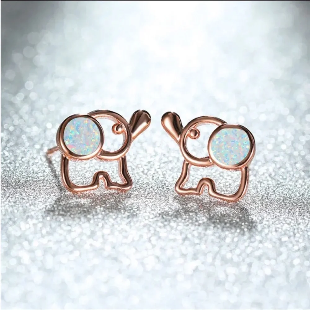 Rose Gold Elephant Earrings with Opal Accents